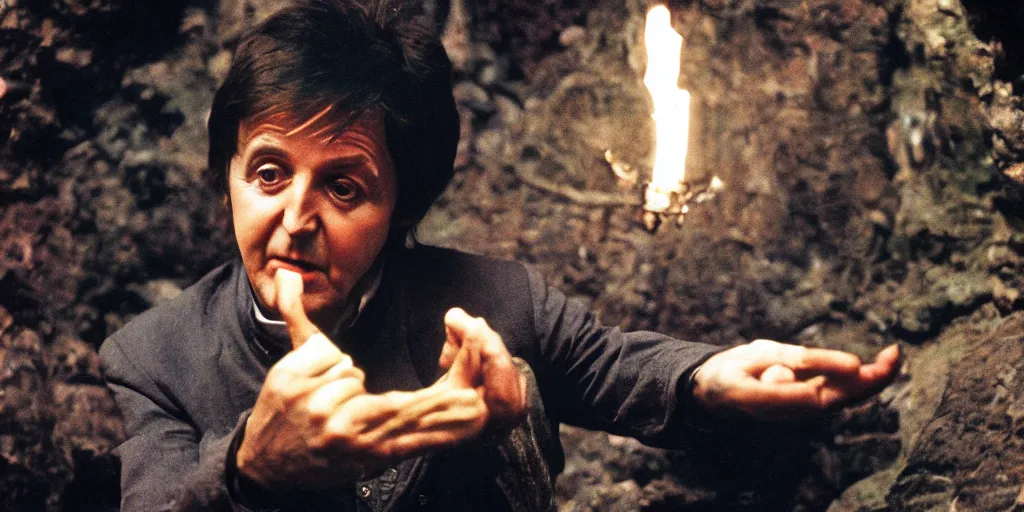 Image similar to A full color still of Paul McCartney looking at his palm, dressed as a hobbit inside his house at night with firelight, directed by Stanley Kubrick, 35mm, 1970