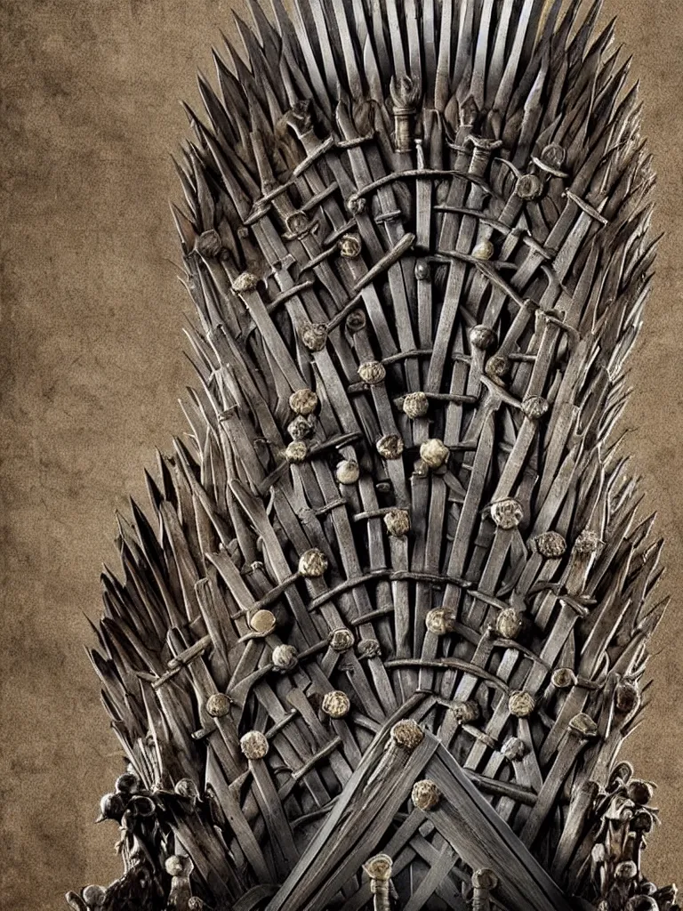 Image similar to game of thrones chair made of rifles, shotguns, revolvers and bullets in a medieval castle, ultrarealistic, intricate details, 4k, concept art, dark fantasy