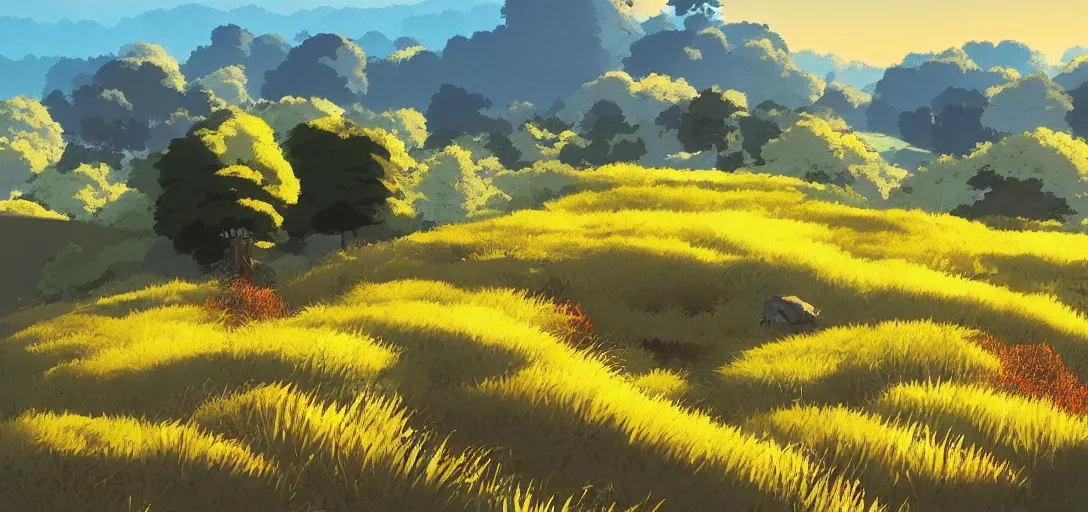 Image similar to hill and countryside during golden hour by studio ghibli, peaceful, serene, blissful, golden hour