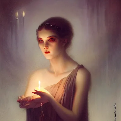 Image similar to pale young ghost girl, by tom bagshaw, by gaston bussiere, candlelight