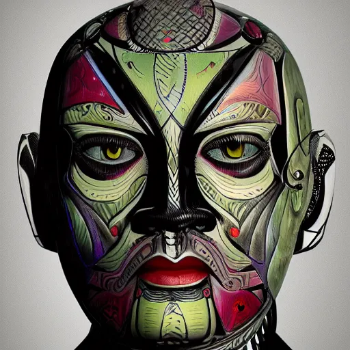 Image similar to A highly stylized digital HD painting of the face of a tattooed robot