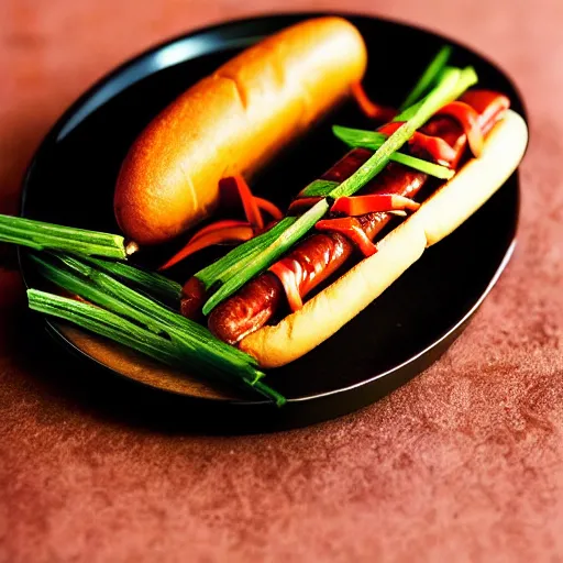 Prompt: “Chicago-style hot dog with Sichuan hot pot dried chili peppers, Sichuan peppercorn sauce and green onions, award winning photography, 40mm, f4”