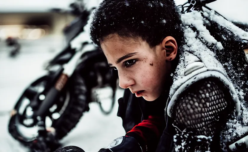 Image similar to cinestill 5 0 d candid photographic portrait by helen levitt of a mixed teen cyborg wearing rugged black mesh techwear riding on a dirtbike through an airport, extreme closeup, modern cyberpunk moody emotional cinematic, snow storm, 8 k, hd, high resolution, 3 5 mm, f / 3 2, ultra realistic faces, ex machina