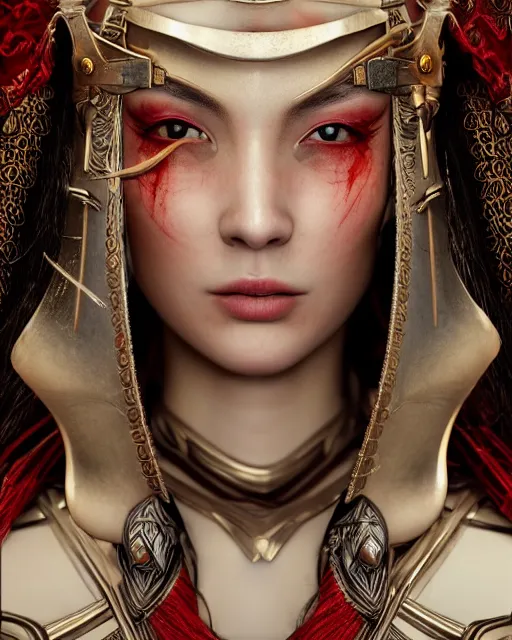 Image similar to full body portrait fashion editorial of beauty charming woman as a warrior godly princess in feudal japan, clear makeup, clean hair, dry skin, clear skin, airbrushed, bright eye makeup, femine warrior body, photo by mario testino, 8k octane render, cinematic, hyper detailed, micro details, insanely detailed, trending on artstation, concept art, Peter Paul Rubens and Peter Mohrbacher style