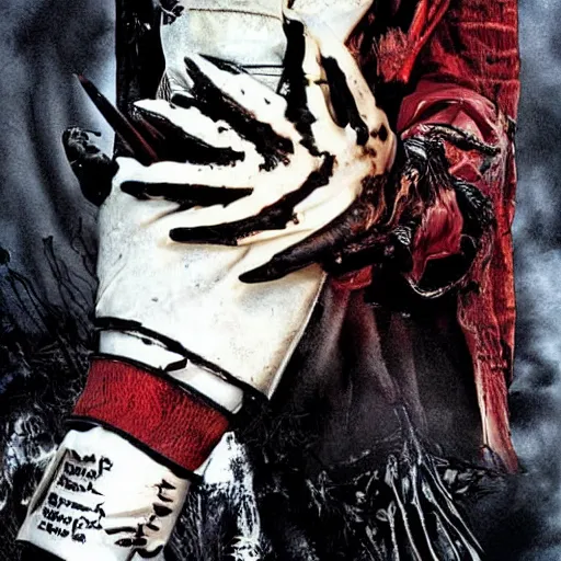 Image similar to Edward Scissor hands cast as Freddy Krueger, knives-for-fingers, knife-glove, burnt-face cover-art-poster-photograph-only