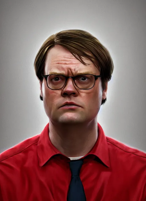 Prompt: ( ( ( hyperrealist portrait of rain wilson as dwight schrute ) ) ) by mike campau, head and torso, red background photorealistic, octane render, vibrant colors, unreal engine, dynamic lighting, perfect factions, very detailed faces, intricate detail, trending on artstation, poster, volumetric lighting, 4 k, award winning