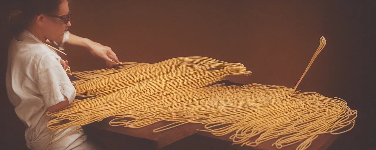 Prompt: an artist painting with spaghetti on a canvas, canon 5 0 mm, cinematic lighting, photography, retro, film, kodachrome, closeup