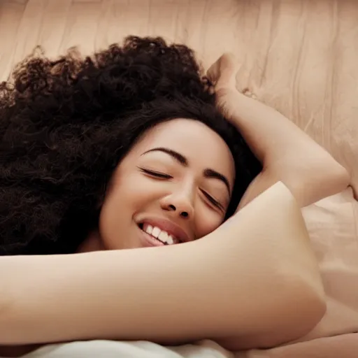 Prompt: a beautiful woman smiles as she falls asleep