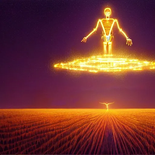 Prompt: digital painting of a glowing god with gold wires levitating in a wheat field, smooth and advanced robotic suit, lightning in sky, at night, stunning, cinematic lighting, concept art by greg rutkowski and simon stalenhag, artstation, cinematic, masterpice, insanely detailed, very realistic