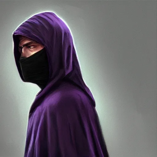 Image similar to ultra realistic illustration, man in a black hood, in a striped purple balaclava, mysterious, highly detailed, digital painting, artstation, concept art, smooth, sharp focus, illustration, art by artgerm and greg rutkowski and alphonse mucha