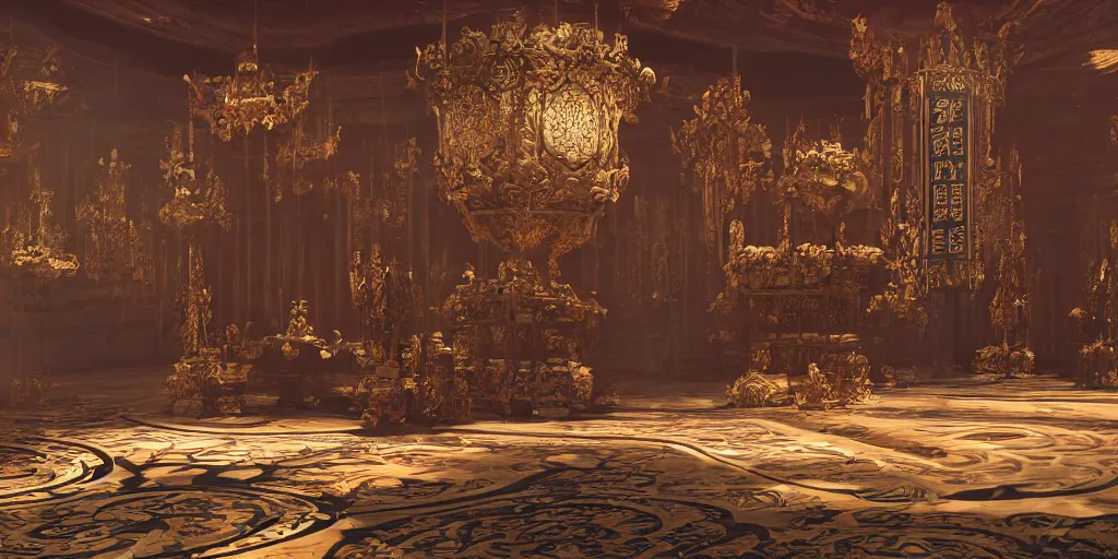 Prompt: a contemporary oriental throne room by by feng zhu , unreal engine, god rays, ue5, concept art, wide angle, 4k hd wallpaper