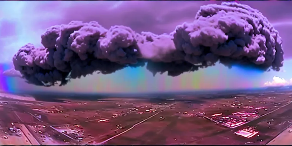 Image similar to combat drone strike war footage, ir, chromatic aberration!!!!!!!!!!!, broken camera colors, iridescent!!!!!!!!! saturated infrared camera, very high contrast, nuclear cloud, high angle vertical, inversed color, clouds, jpeg compression