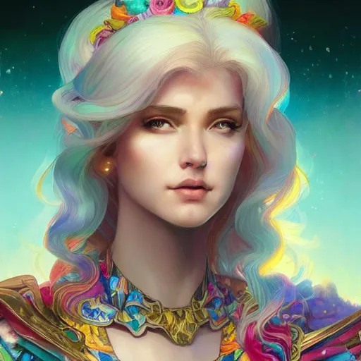 Prompt: Portrait of rainbow brite, illustration, vibrant colour, fantasy, intricate, elegant, highly detailed, digital painting, artstation, concept art, smooth, sharp focus, illustration, art by Yintion J , Jiang Geping and artgerm and greg rutkowski and alphonse mucha.