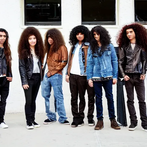 Image similar to Group of ethnically diverse 19-year-old boys and girls with long permed wavy brown hair and afros leather jacket and denim jeans, holding electric guitars, 2022, stoner rock, heavy rock, HD photography