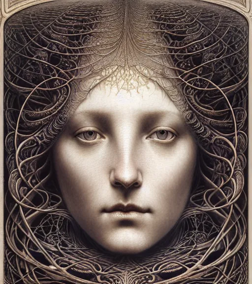 Prompt: detailed realistic beautiful radiant goddess face portrait by jean delville, gustave dore, iris van herpen and marco mazzoni, art forms of nature by ernst haeckel, art nouveau, symbolist, visionary, gothic, neo - gothic, pre - raphaelite, fractal lace, intricate alien botanicals, biodiversity, surreality, hyperdetailed ultrasharp octane render
