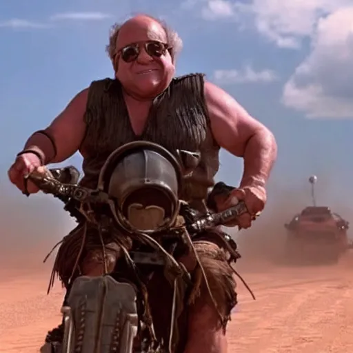 Image similar to Danny Devito as master blaster, screenshot from mad max beyond thunderdome, detailed, 4k