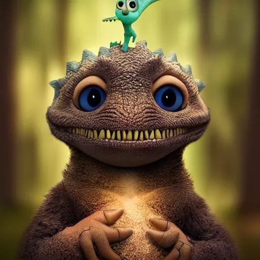 Prompt: a cute little dinosaur with long fur, portrait, pixar style, forest background, cinematic lighting, award winning creature portrait photography