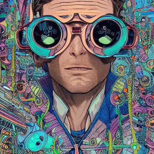 Prompt: hyper detailed comic illustration of a cyberpunk Sydney Sweenywearing a futuristic sunglasses and a gorpcore jacket, markings on his face, by Josan Gonzalez and Geof Darrow, intricate details, vibrant, solid background, low angle fish eye lens