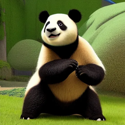 Prompt: a pixar motion movie render of a panda outside of his american homestead