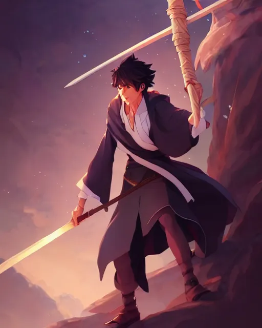 Image similar to male wizard with a staff, fantasy, shinkai makoto studio ghibli studio key hideaki anno sakimichan stanley artgerm lau rossdraws james jean marc simonetti elegant highly detailed digital painting artstation pixiv