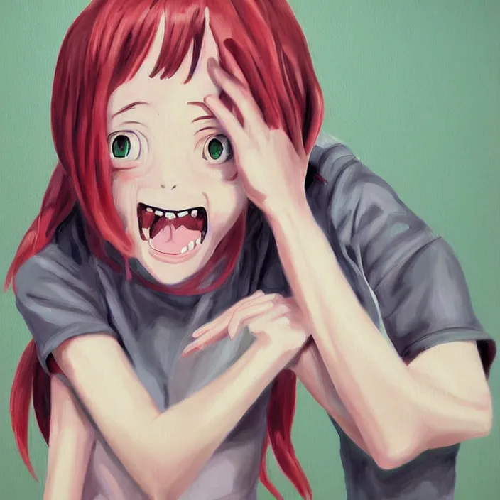 Prompt: nice quality and nice everything painting of a nice portrait of the popular girl at the psych ward laughing at the viewer, the style is like Watamote rendered with 3D effect.