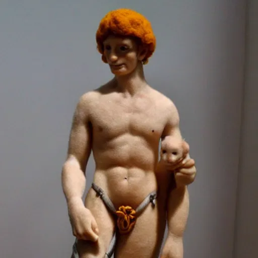 Prompt: needle felted sculpture of david by michelangelo