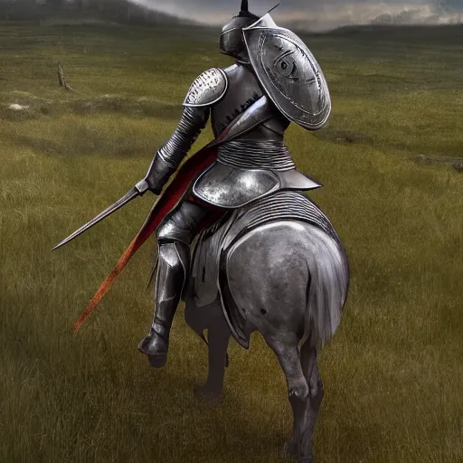 Prompt: art of a medieval knight from the back in full growth, in the middle of a lonely battleground where corpses lie another knights and horses, 4K, high detailed