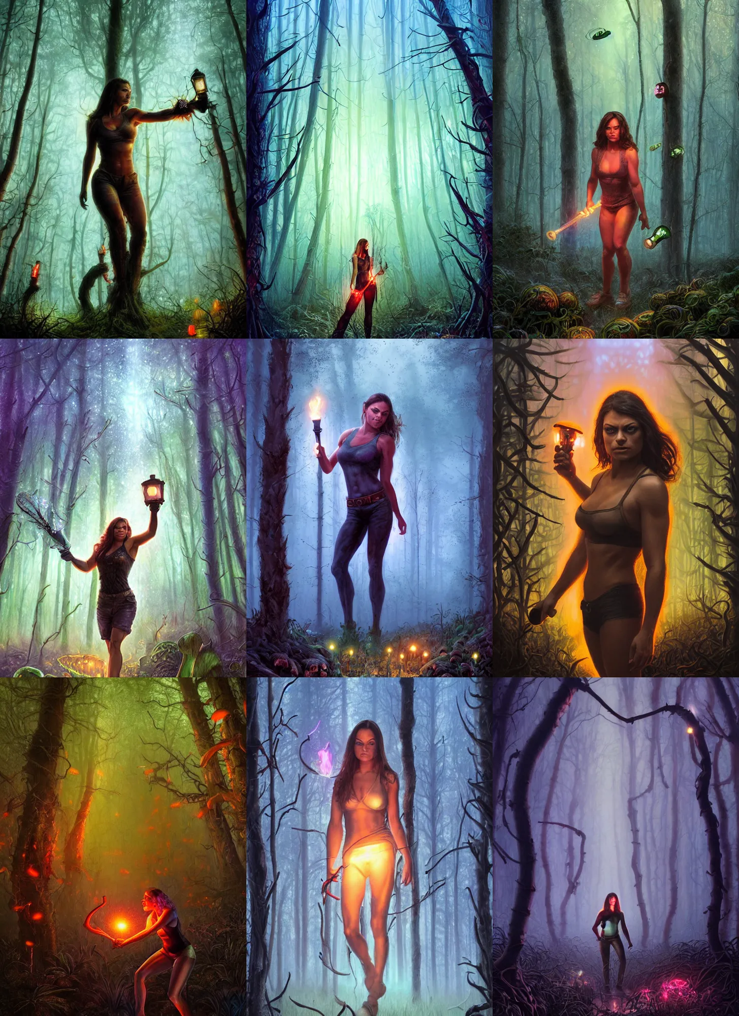 Image similar to muscled Mila Kunis holding a torch in a foggy neon lighted mushroom forest, rainbox fireflies, misty bokeh, long shadows, creepy creatures hiding, Donato Giancola, Mark Brooks, Ralph Horsley, Charlie Bowater, Artgerm, Christopher Balaskas, Bastien Lecouffe-Deharme