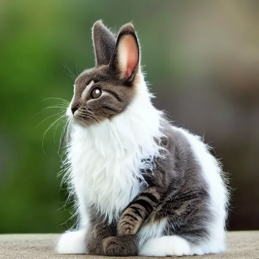 Image similar to A cross between a cute cat and a fluffy bunny , photograph