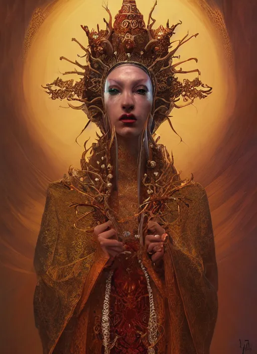 Image similar to slender high priest in a ornate heavy robe, eclesial headpiece, by james jean, karol bak, tomasz alen kopera, cgsociety and fenghua zhong, highly detailed, rim light, cinematic lighting, illustration, art, octane render, very coherent, cinematic, hyper realism, high detail, octane render, 8 k