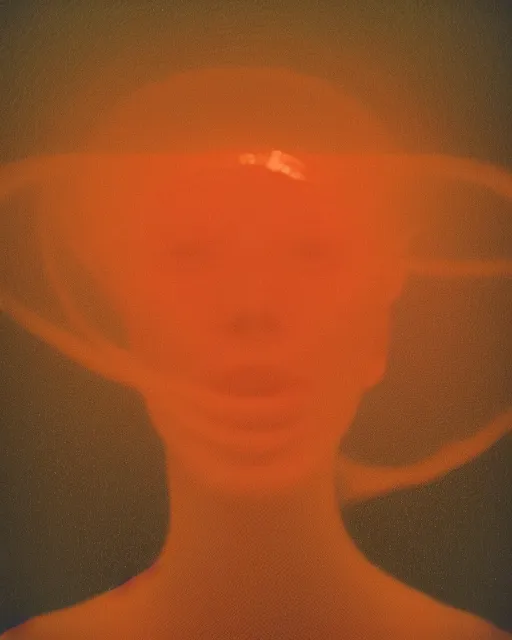 Prompt: a woman's face in the water, ripples, serene emotion, new polaroid, glitched, hazy, red, orange, yellow, soft lighting, jellyfish