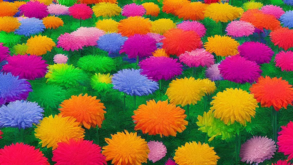 Prompt: digital illustration of a field of giant vibrant multi - colored chrysanthemums by dr. seuss, reimagined by ilm and beeple : 1 | megaflora by dr. seuss, spectral color, rolling hills : 0. 9 | fantasy : 0. 9 | unreal engine, deviantart, artstation, hd, 8 k resolution : 0. 8