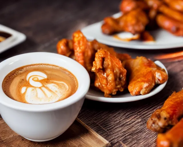 Image similar to A cup of coffee and hot wings covered in cheese, Cinematic shot, 8k resolution