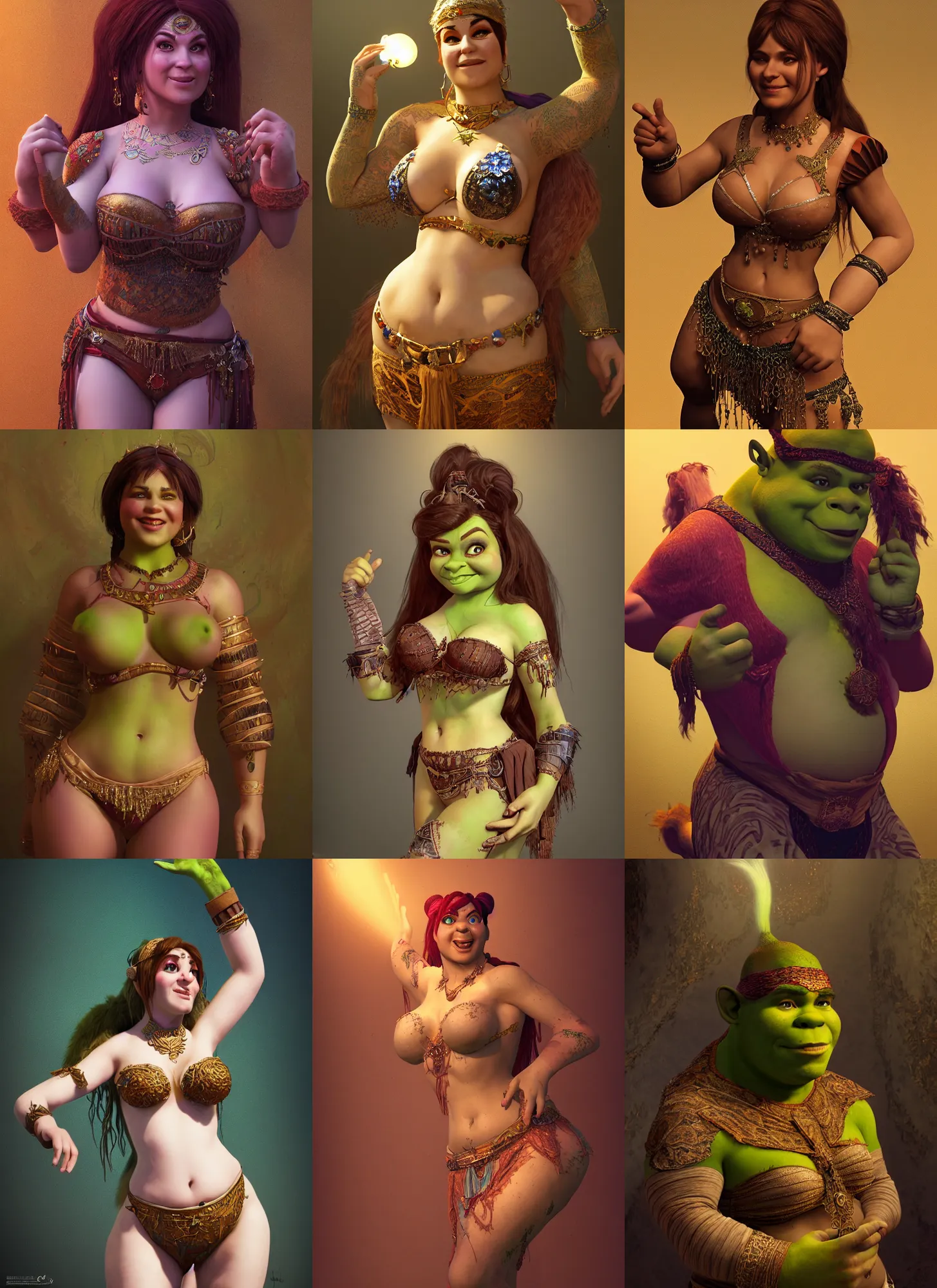 Prompt: portrait of shrek as a belly dancer, au naturel, hyper detailed, digital art, trending in artstation, cinematic lighting, studio quality, smooth render, unreal engine 5 rendered, octane rendered, art style by klimt and nixeu and ian sprigger and wlop and krenz cushart.