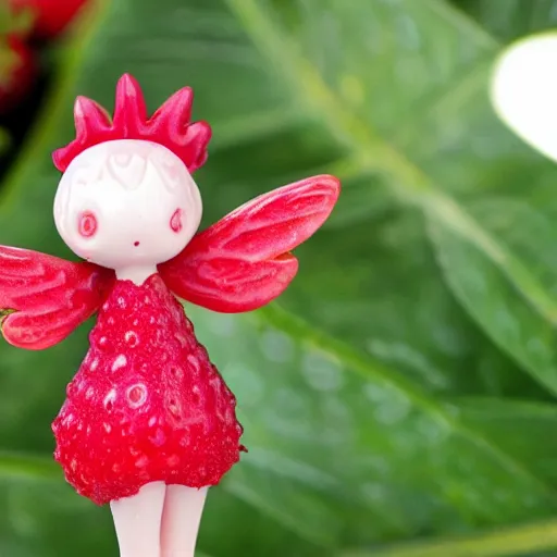 Prompt: a femo figurine of a cute funny strawberry fairy made of strawberries and human