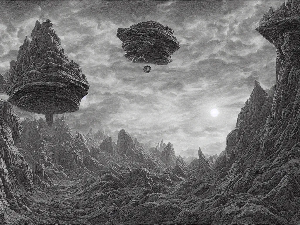 Prompt: a beautiful matte painting of a singular ufo by m. c. escher and gustave dore, cinematic, dynamic lighting, concept art, realistic, realism, colorful