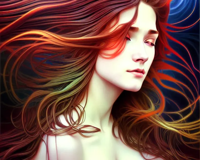 Prompt: overlord, psychedelic flowing hair, close eyes, portrait, highly detailed, deep focus, elegant, digital painting, smooth, sharp focus, illustration, ultra realistic, 8 k, art by artgerm and alphonse mucha