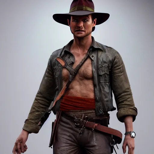 Image similar to hyperrealistic glamour shot of orlando bloom as indiana jones, stunning 3 d render inspired by istvan sandorfi & xiang duan, perfect symmetry, dim volumetric cinematic lighting, 8 k octane comprehensive render, extremely mega hyper - detailed and lifelike attributes & atmosphere, intricate, realistic flesh texture, masterpiece, artstation, stunning,