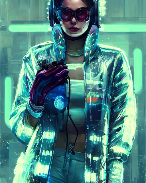 Image similar to neon operator margot robbie, cyberpunk futuristic neon, reflective puffy jacket, decorated with traditional japanese ornaments by ismail inceoglu dragan bibin hans thoma greg rutkowski alexandros pyromallis nekro rene maritte illustrated, perfect face, fine details, realistic shaded, fine - face, pretty face