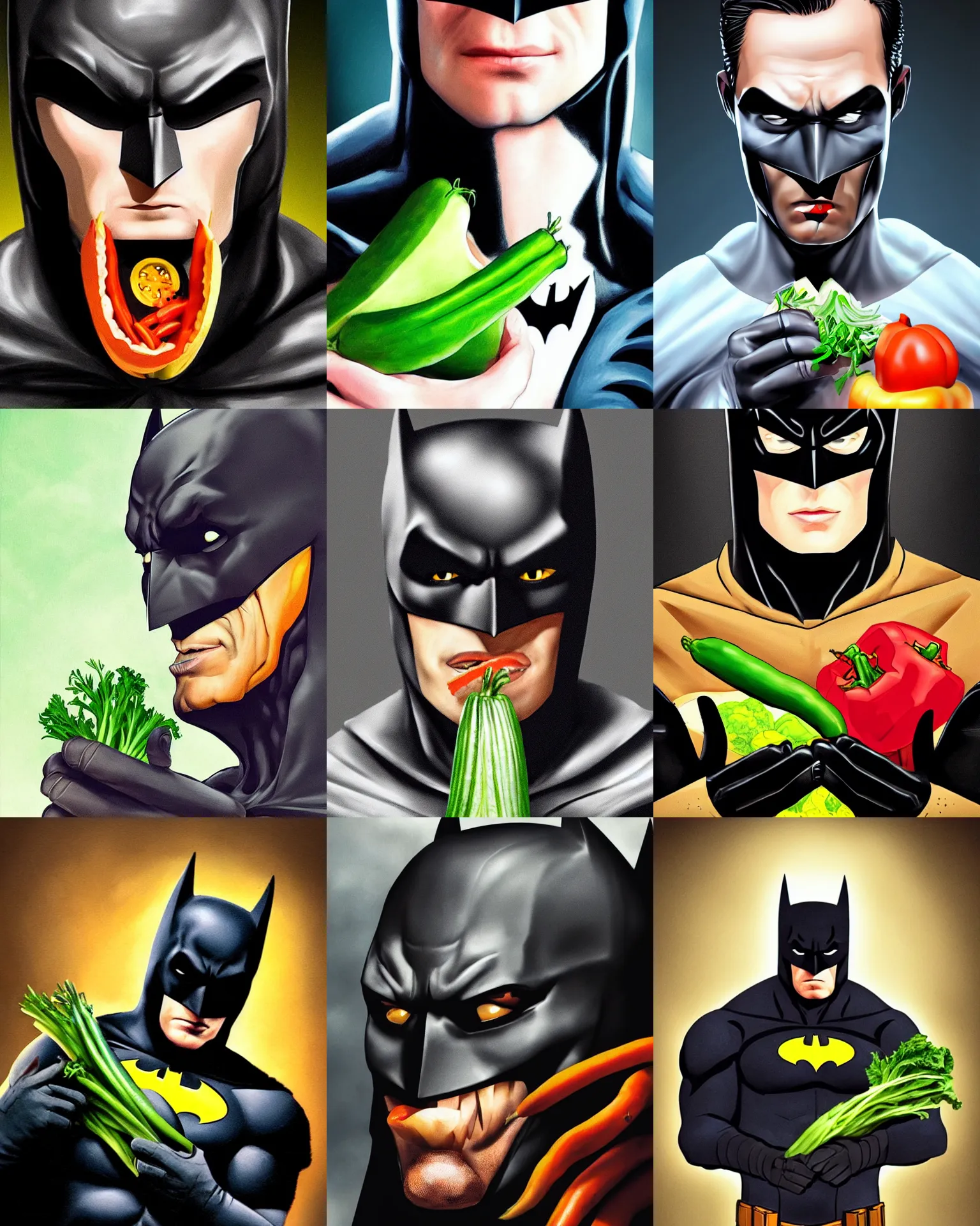 Prompt: A stunning portrait of Batman eating vegetable, Trending on Artstation, 8K