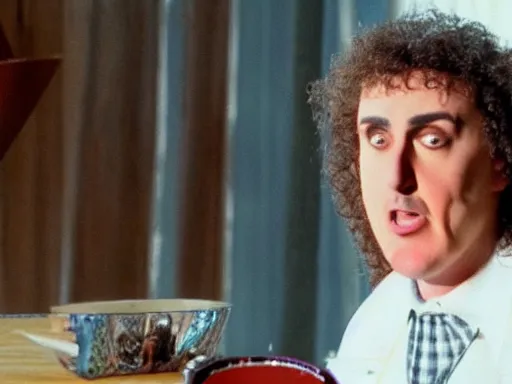 Image similar to weird al sentimentally looking at a spoon on a table