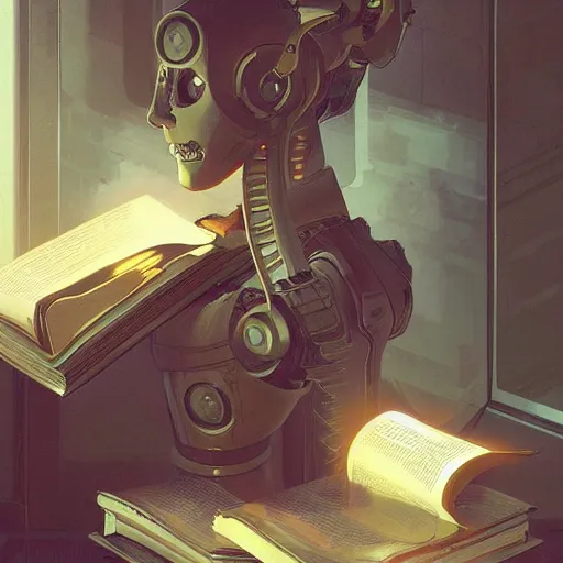 Image similar to a robot reading a book, highly detailed, digital painting, artstation, concept art, sharp focus, illustration, art by eddie mendoza and greg rutkowski and alphonse mucha