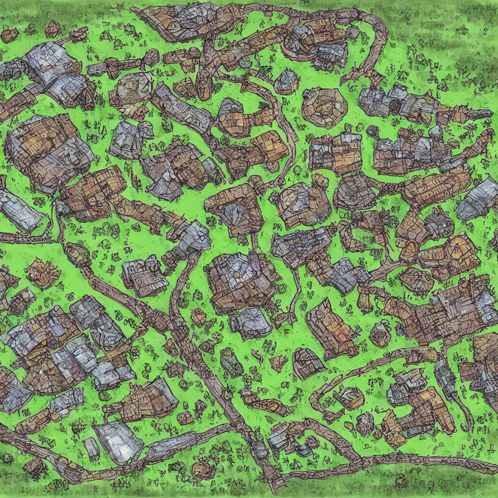 Image similar to bandit camp layout, art by allixander maps, acrylic drawing, fantasy, world, bright, clear, simple, sharpened