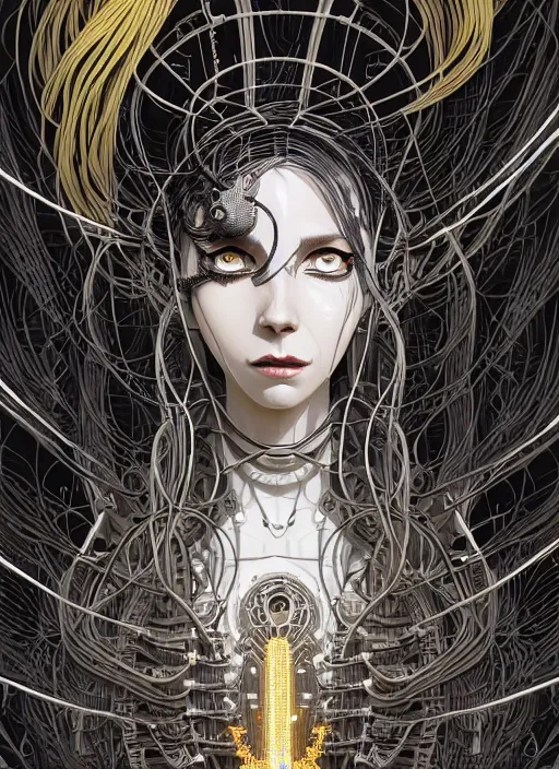 Image similar to highly detailed portrait of a biomechanical long curly white hair tribal lady, stray wiring by atey ghailan, james gilleard, by joe fenton, by greg rutkowski, by greg tocchini, by kaethe butcher, 4 k resolution, gradient yellow, black and white color scheme!!! ( ( dystopian robotic pyramid tomb background ) )