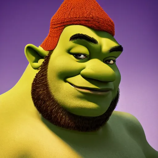 Image similar to Muscular Shrek with a handlebar mustache, goggles, a biker hat, and wearing a sleeveless ripped black leather jacket, portrait, digital art, trending on artstation, very detailed, highly detailed, HD quality, 8k resolution