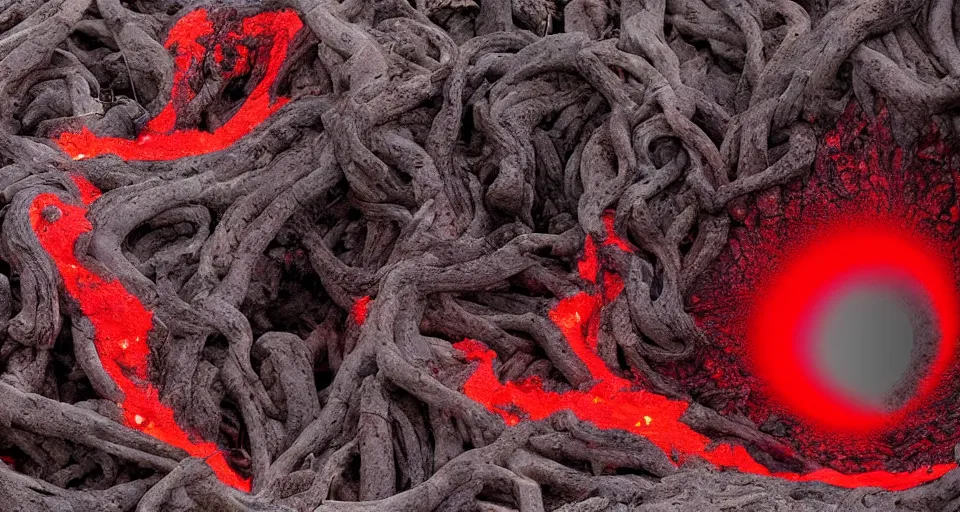 Image similar to a volcano made of ivory vines and crimson rocks enters in eruption, it spits a smoke in the shape of demonic eye, by David Eichenberg