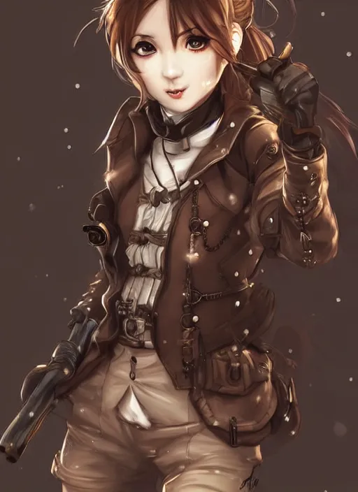 Image similar to girl with steampunk weapons and uniform, mad, intense, finely detailed, made by artgerm, ross tran, full body portrait, illustration, snow, snowing, cloudy, anime, side view, perfect anime face, realistic face, zoomed out, smooth, brown eyes, high waisted shorts