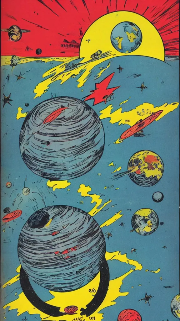 Image similar to planet earth seen from very very far away with the empty cosmic landscape on the background. Retro comic art poster.