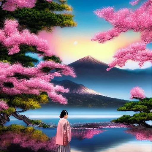 Image similar to art by katsuhiro otomo, artwork by artgerm, japanese landscape, pixar geisha, 3 d render, portrait, kimono, water, reflection, clouds, nature, snowy peak, lake kawaguchi, sunset, white blossoms, 4 k, fantasy art, amazing awesome and epic, ultrafine detail, ultra hd wallpaper