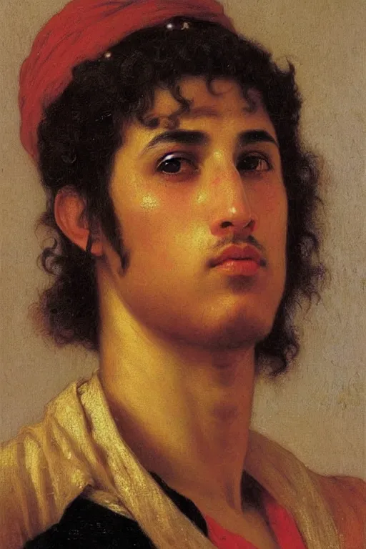Image similar to Portrait of a young muscular jewish moroccan young man magician with an earring, orientalist, victor Nizovtsev, bouguereau